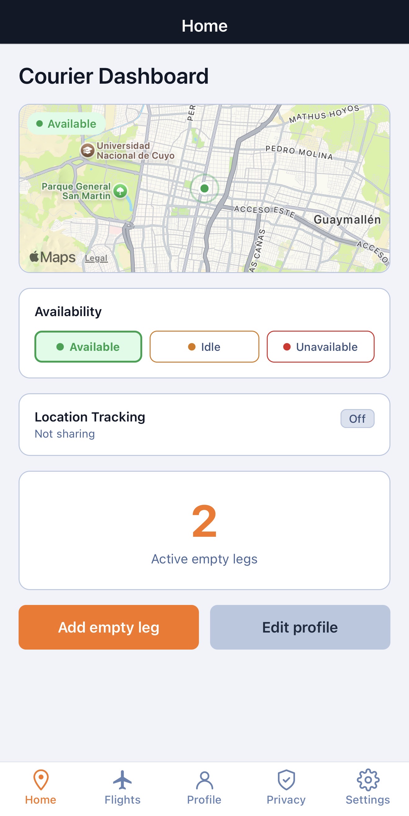 Empty Legs courier dashboard